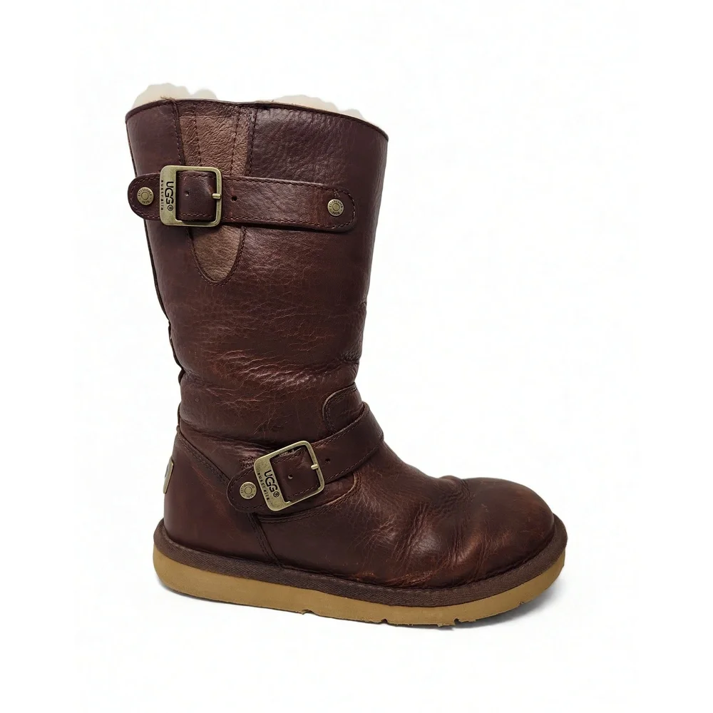 UGG Kensington Leather Boots Size 6 Buckle Strap Shearling Lined Winter Mid Calf